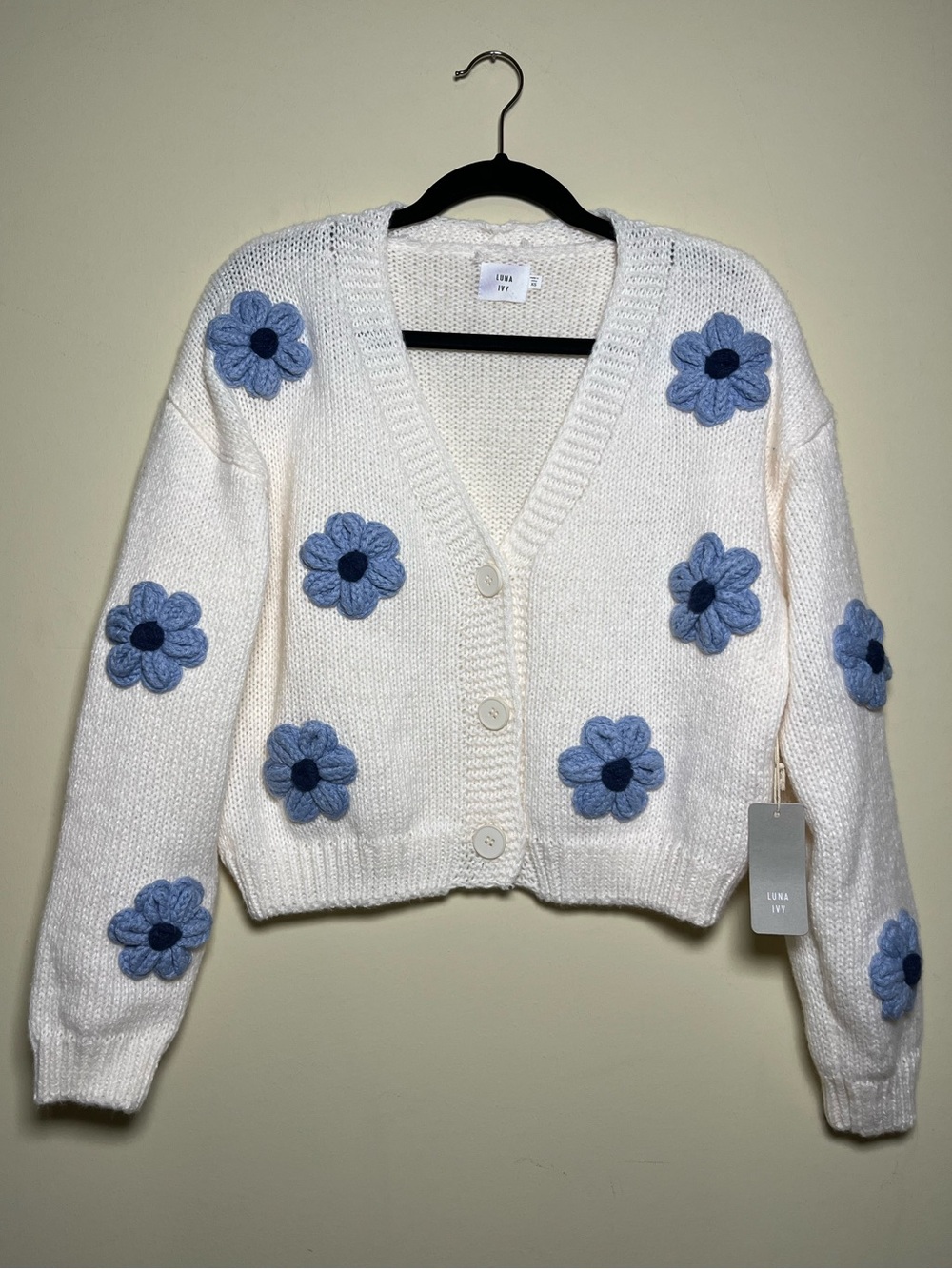 Luna Ivy Flower Chunky Knit Cardigan Sweater Ivory Blue Size XS Cottagecore NWT